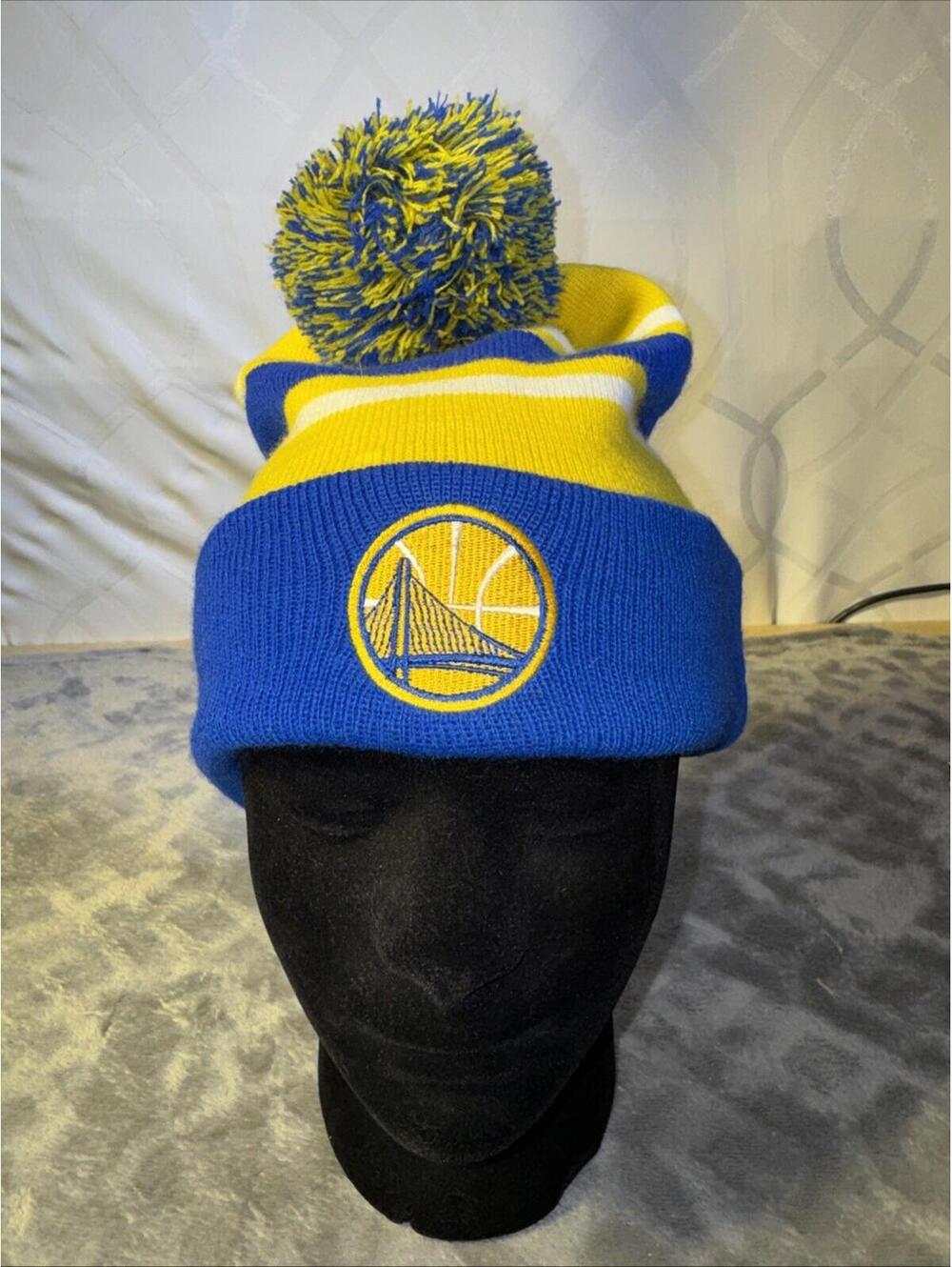 NBA Golden State Warriors Basketball Pom "AAA" Beanie Striped Yellow Blue SGA